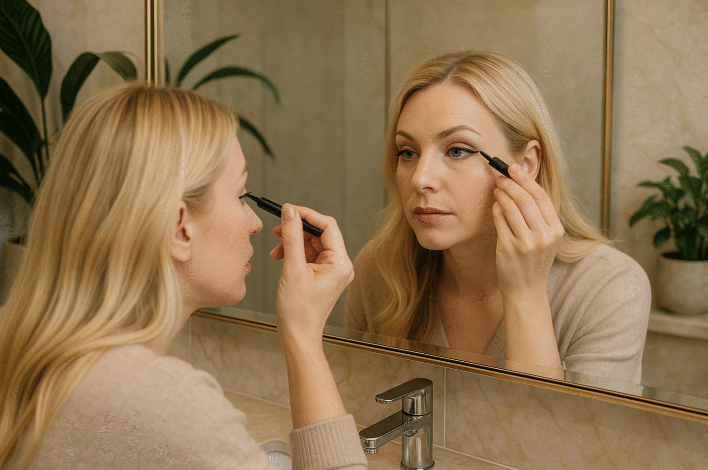 Blonde Frau steht in einem warm beleuchteten, modernen Badezimmer vor einem großen Spiegel und trägt konzentriert Eyeliner am rechten Auge auf. Goldene Armaturen, beige Marmoroberflächen und mehrere grüne Pflanzen schaffen einen luxuriösen, natürlichen Look.