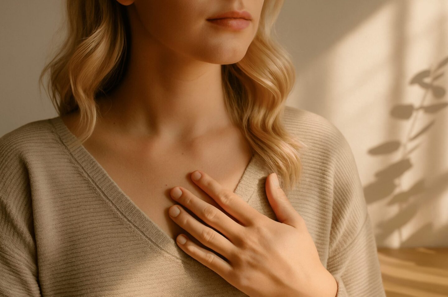 Nahaufnahme des unteren Gesichts einer blonden Frau, die ihre Hand sanft auf den Brustbereich legt. Warmes Morgenlicht, beige greige Hintergrund, ruhige und entspannte Stimmung.