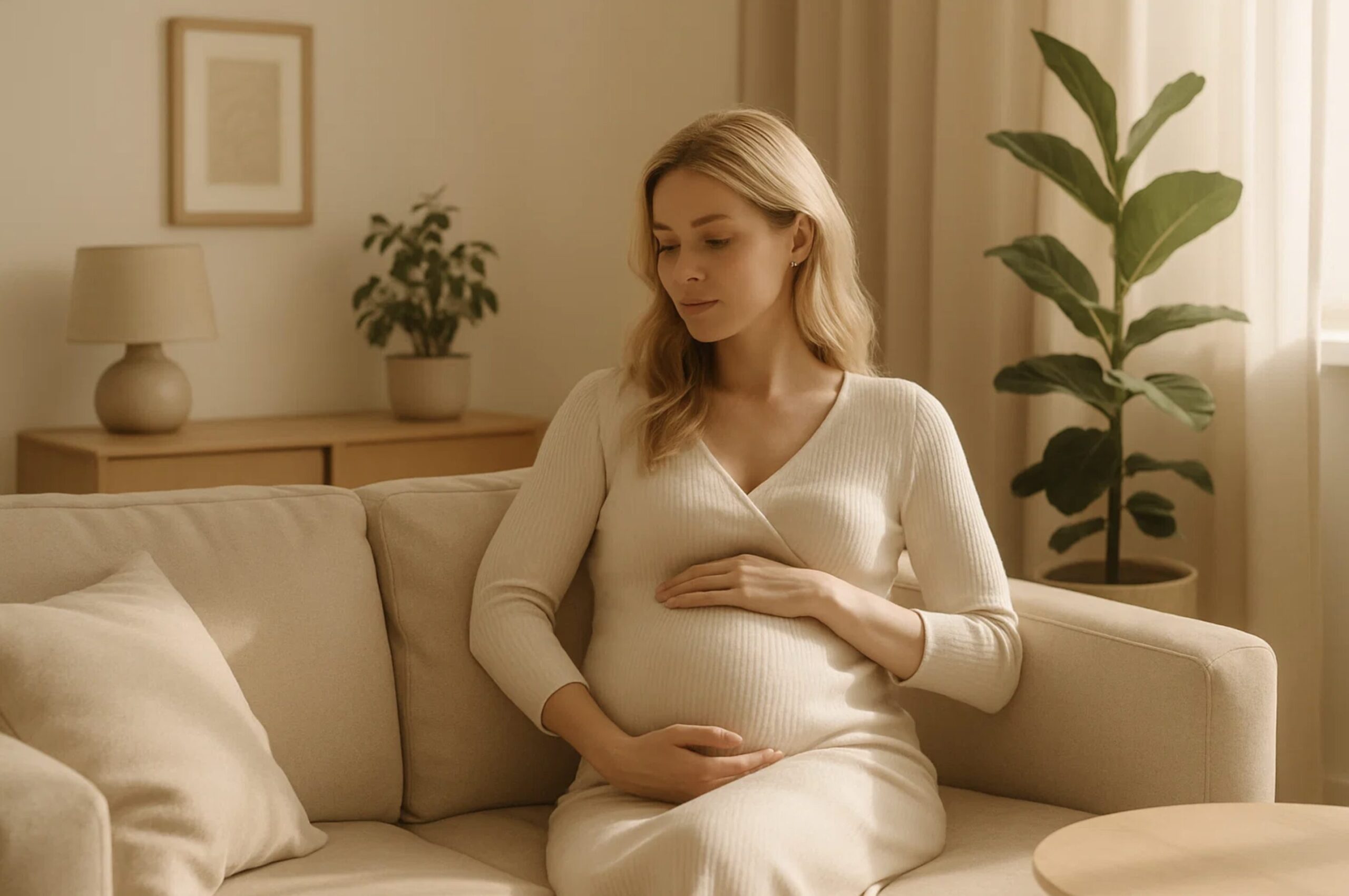 Schwangere blonde Frau sitzt entspannt auf einem beige Sofa und hält die Hand auf ihren Bauch – ruhige Vorbereitung auf die Geburt mit der Louwen Diät.