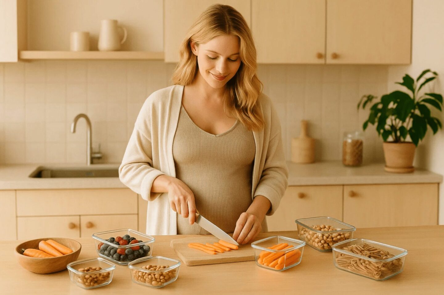 Blonde schwangere Frau bereitet Low-GI Lebensmittel in einer warmen, natürlichen Küche vor – Meal-Prep für die Louwen Diät und eine leichtere Geburt.