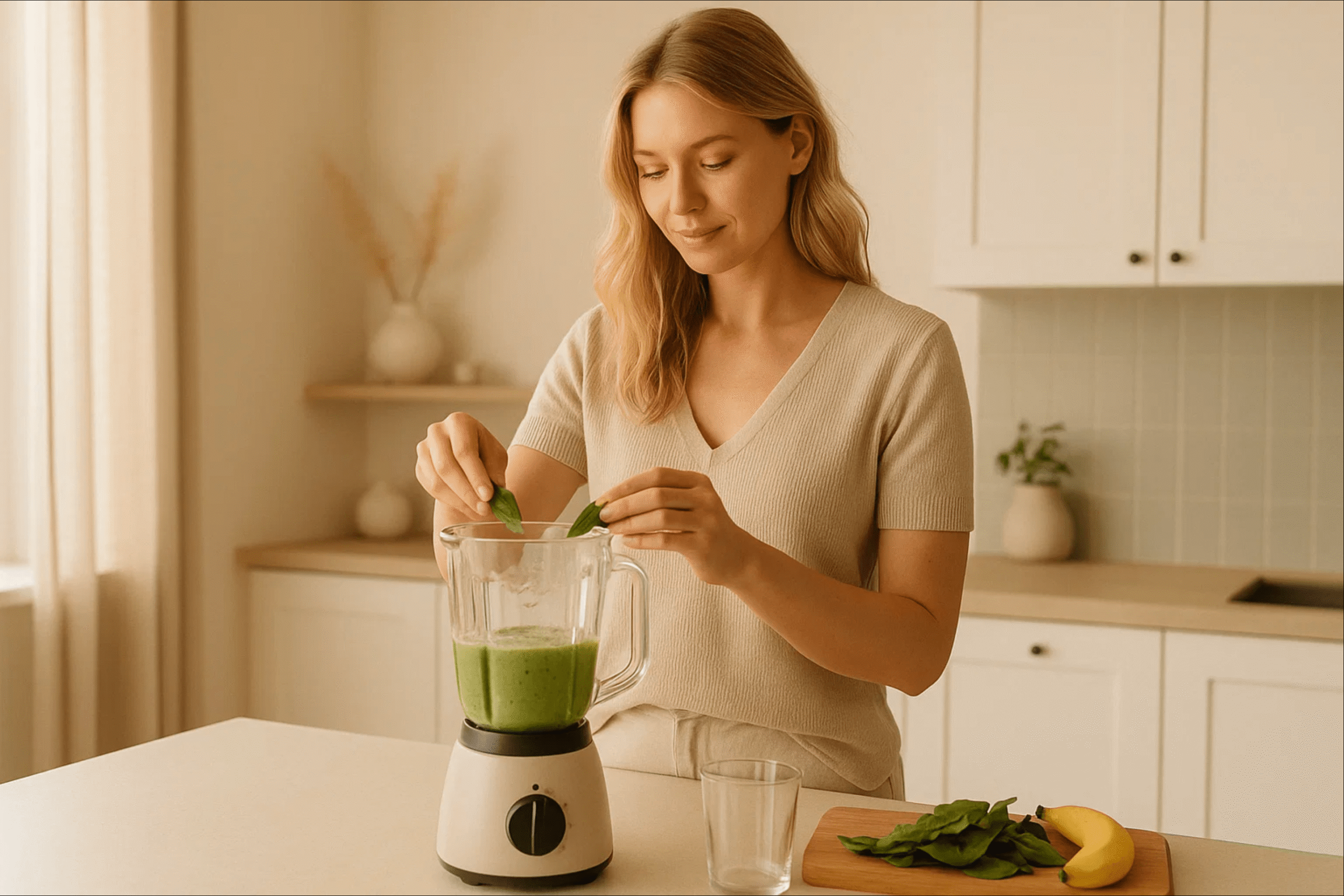 Frau bereitet in einer hellen Küche einen grünen Smoothie zu, um Energie zu tanken und ihr Nervensystem zu stärken.