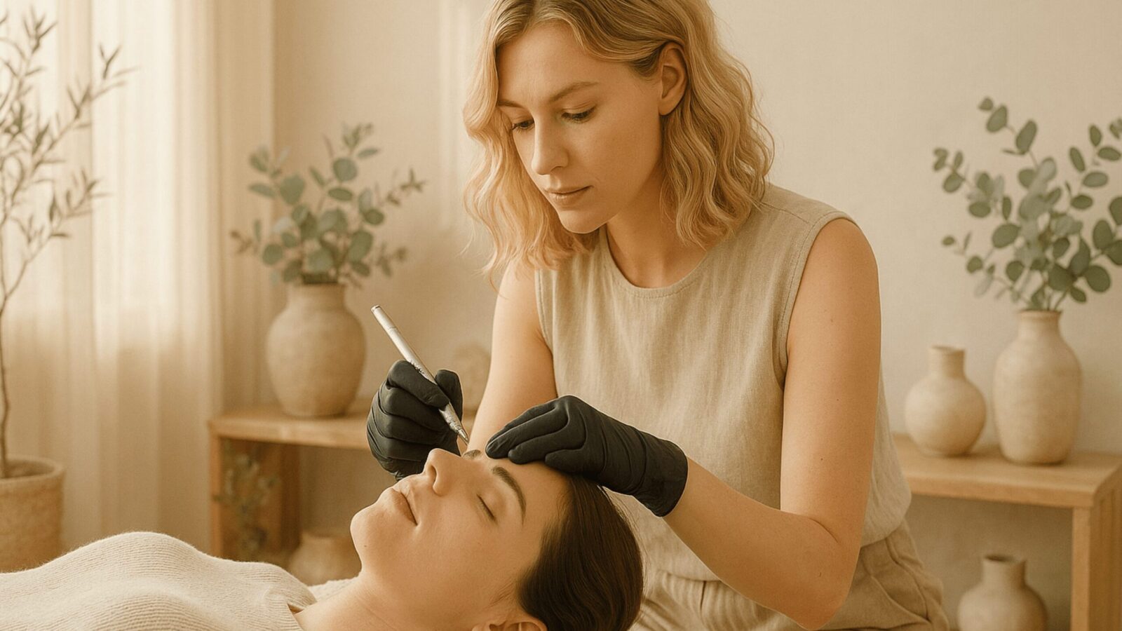 Blonde Kosmetikerin führt in einem warmen, natürlichen Studio eine sanfte Nanoblading Behandlung an den Augenbrauen einer liegenden Frau durch, umgeben von beigen Materialien, Pflanzen und ruhigem Tageslicht.