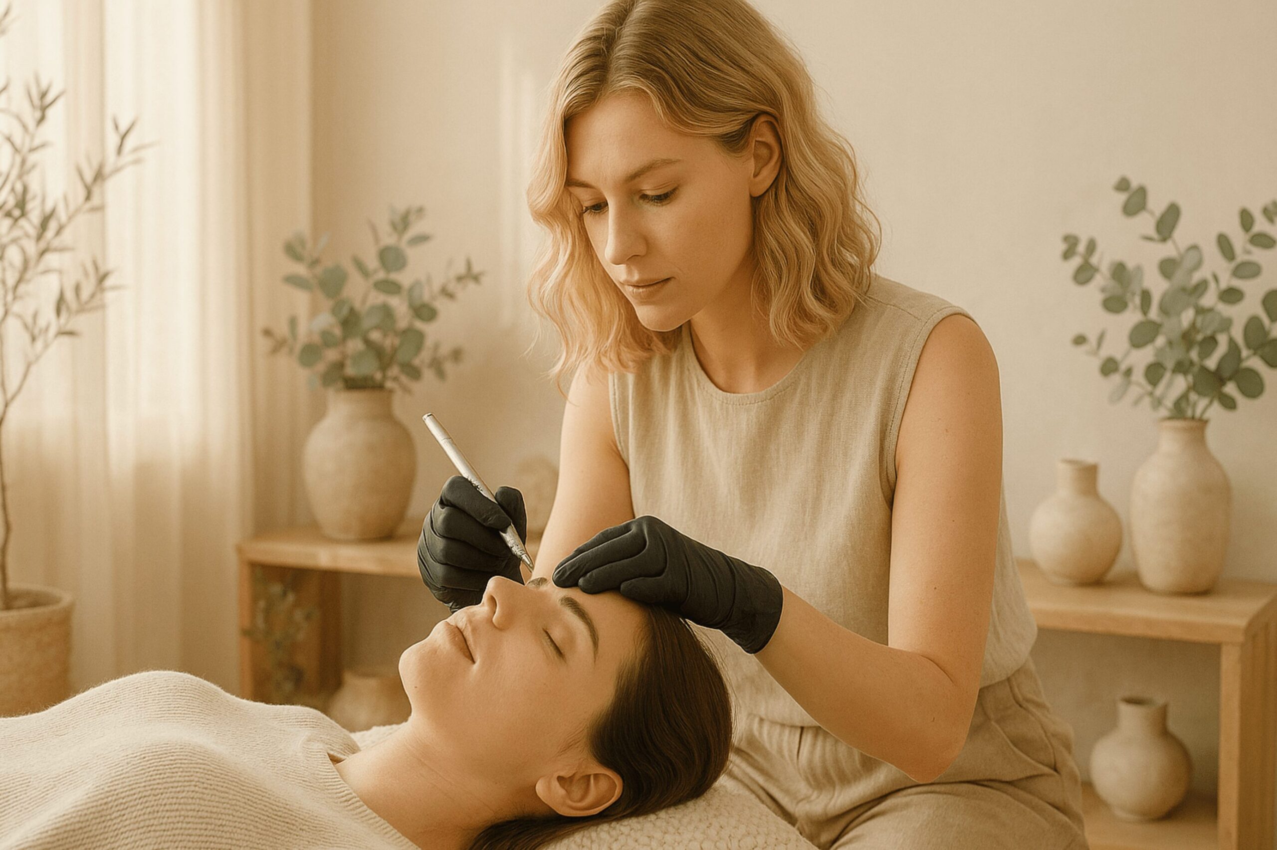 Blonde Kosmetikerin führt in einem warmen, natürlichen Studio eine sanfte Nanoblading Behandlung an den Augenbrauen einer liegenden Frau durch, umgeben von beigen Materialien, Pflanzen und ruhigem Tageslicht.