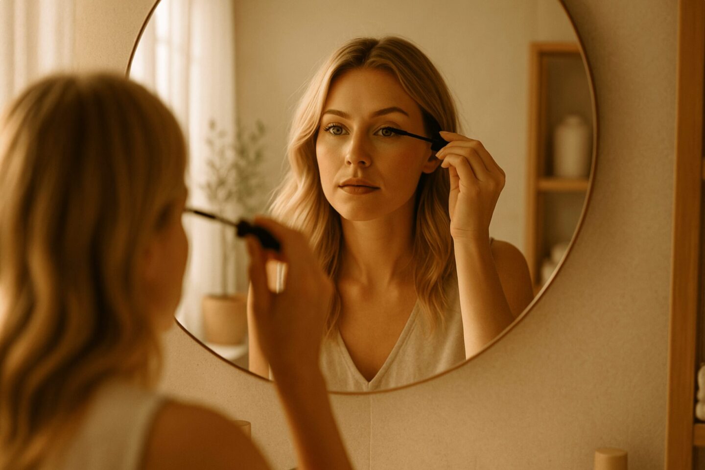 Blonde Frau Anfang 30 trägt im Spiegel ihr Mascara auf, warmes Morgenlicht, beige-greiges Badezimmer, ruhige Slow-Living-Ästhetik