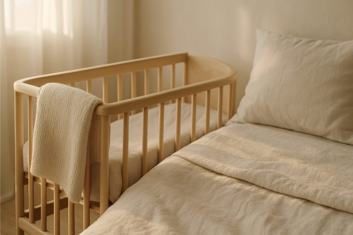 Natürliches Beistellbett aus Holz neben cremefarbener Bettwäsche im warmen Morgenlicht, ruhiges Baby Schlafsetup mit weichen Linen- und Stricktexturen.