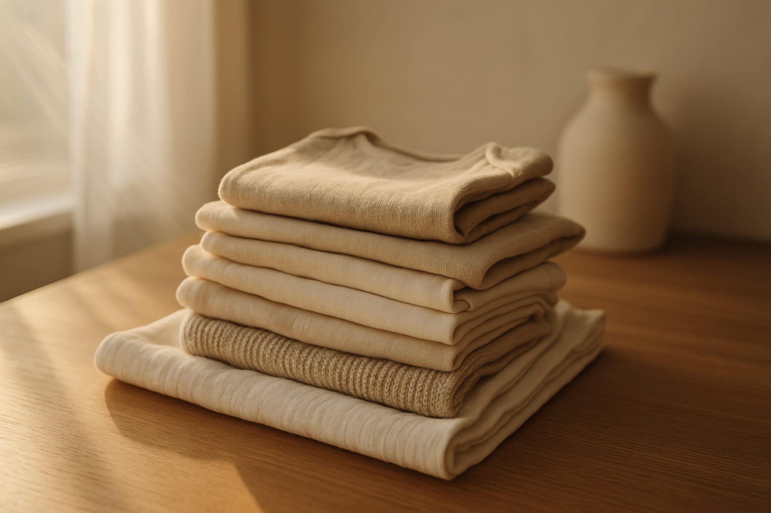 neutrale Baby Kleidung aus Bio Baumwolle und Wolle in warmem Morgenlicht, beige und greige Töne, ruhige Scandinavian-Boho Atmosphäre auf Holztisch.