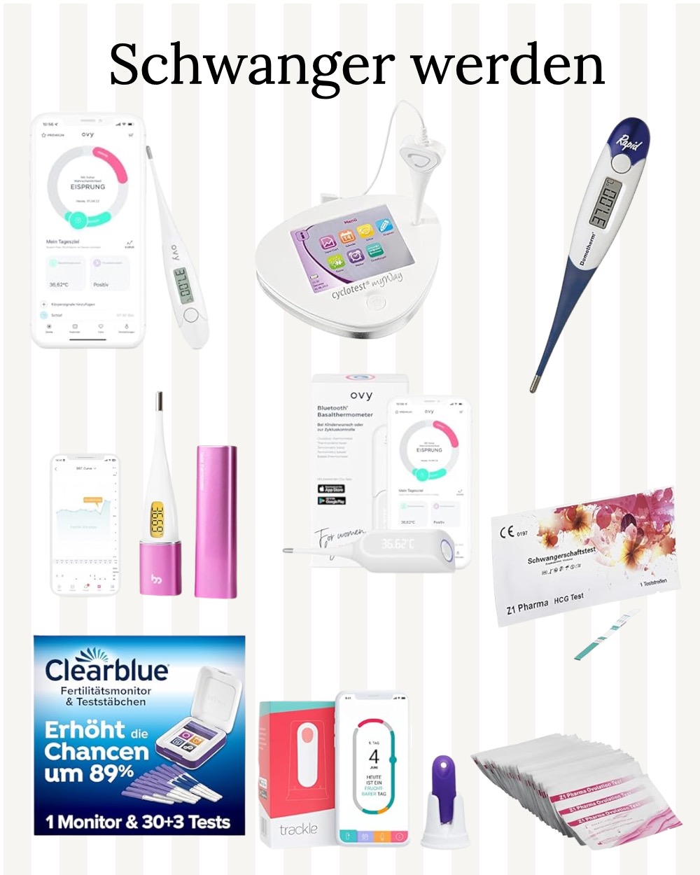 Ein übersichtliches Collagenbild mit verschiedenen Kinderwunsch-Tools: Basalthermometer, Zykluscomputer wie Cyclotest myWay und Trackle, Ovy-App, Clearblue Fertilitätsmonitor, Ovulationstests und Schwangerschaftstests. Das Bild zeigt eine Produktauswahl, die Frauen beim Erkennen fruchtbarer Tage und beim Kinderwunsch unterstützen kann.