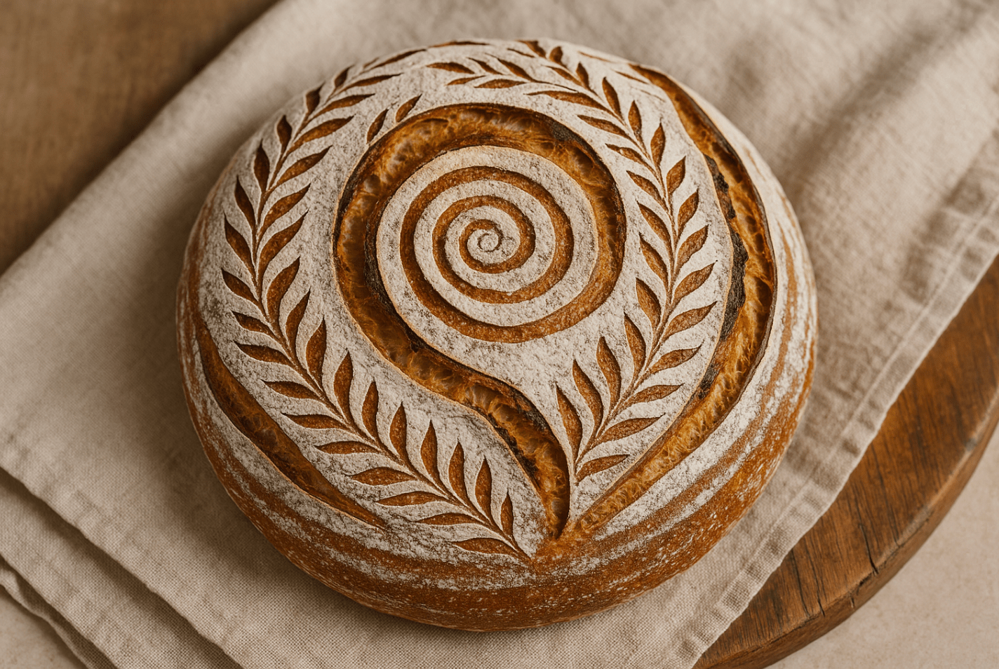 Rundes Sauerteigbrot mit kunstvoll eingearbeiteten Blatt- und Spiralmustern, liegend auf einem beigen Leinentuch auf einem Holztisch.