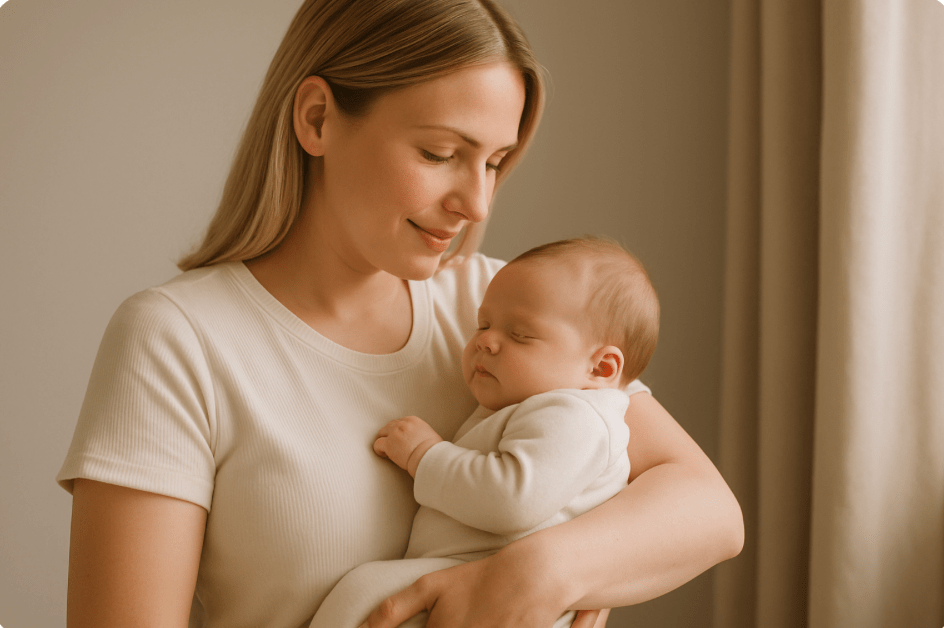 Blonde Mutter steht am Fenster und hält ihr schlafendes Baby im Arm, sanftes Licht, beruhigende Wochenbett-Atmosphäre in beige und natur.