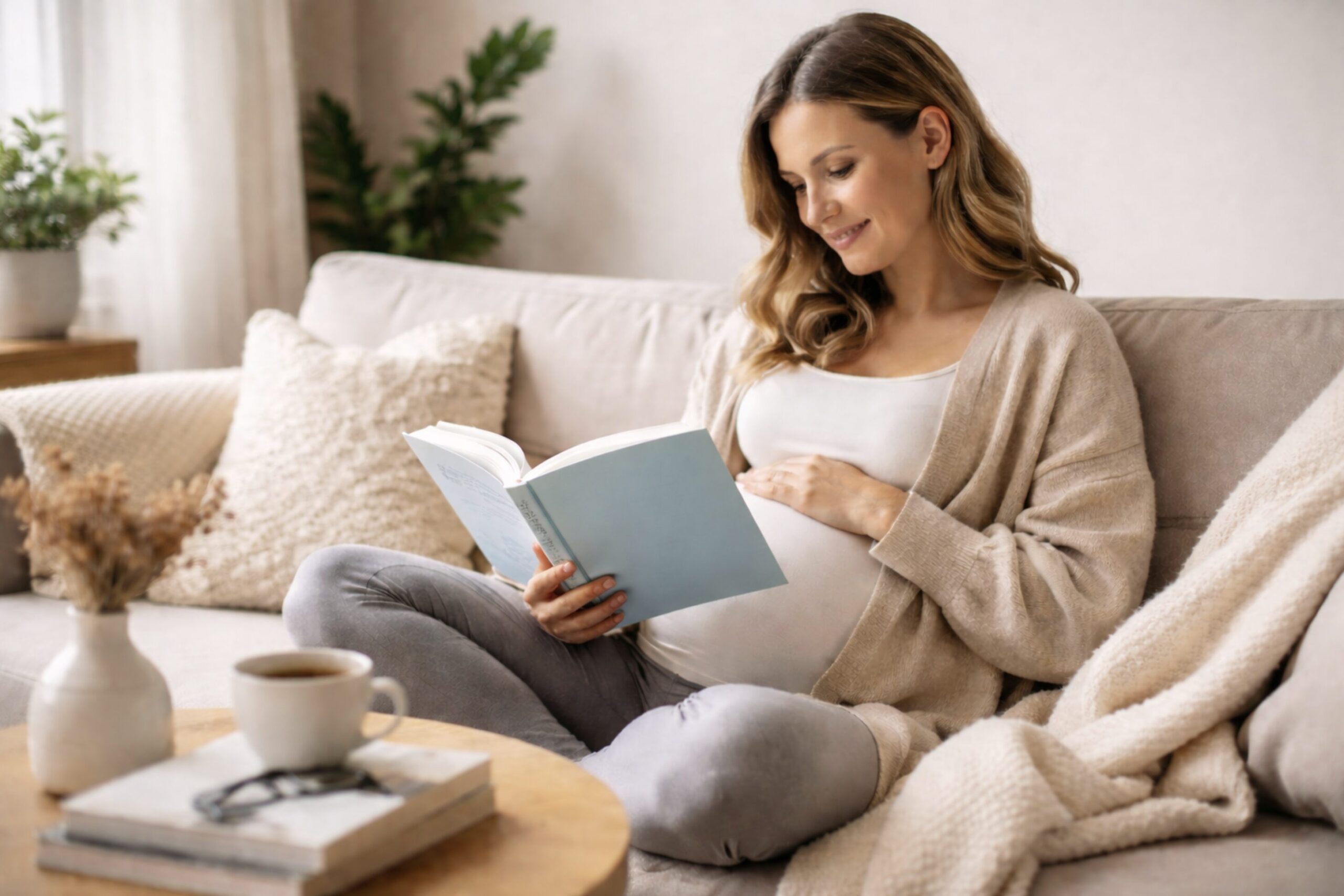 Schwangere Frau sitzt entspannt auf einem beigen Sofa und liest ein hellblaues Buch, warme Wohnatmosphäre mit Pflanzen und Tee im Hintergrund.