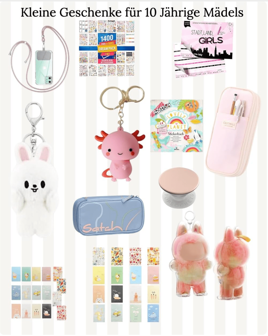Collage mit kleinen Geschenkideen für 10-jährige Mädchen, darunter Handyhülle mit Kette, Sticker-Sets, Stadt-Land-Girls Spiel, Kawaii Schlüsselanhänger, Federmäppchen, Mini-Kosmetikspiegel, Satch Mäppchen und süße Notizhefte – ideal als Mitbringsel und kleine Überraschungen.