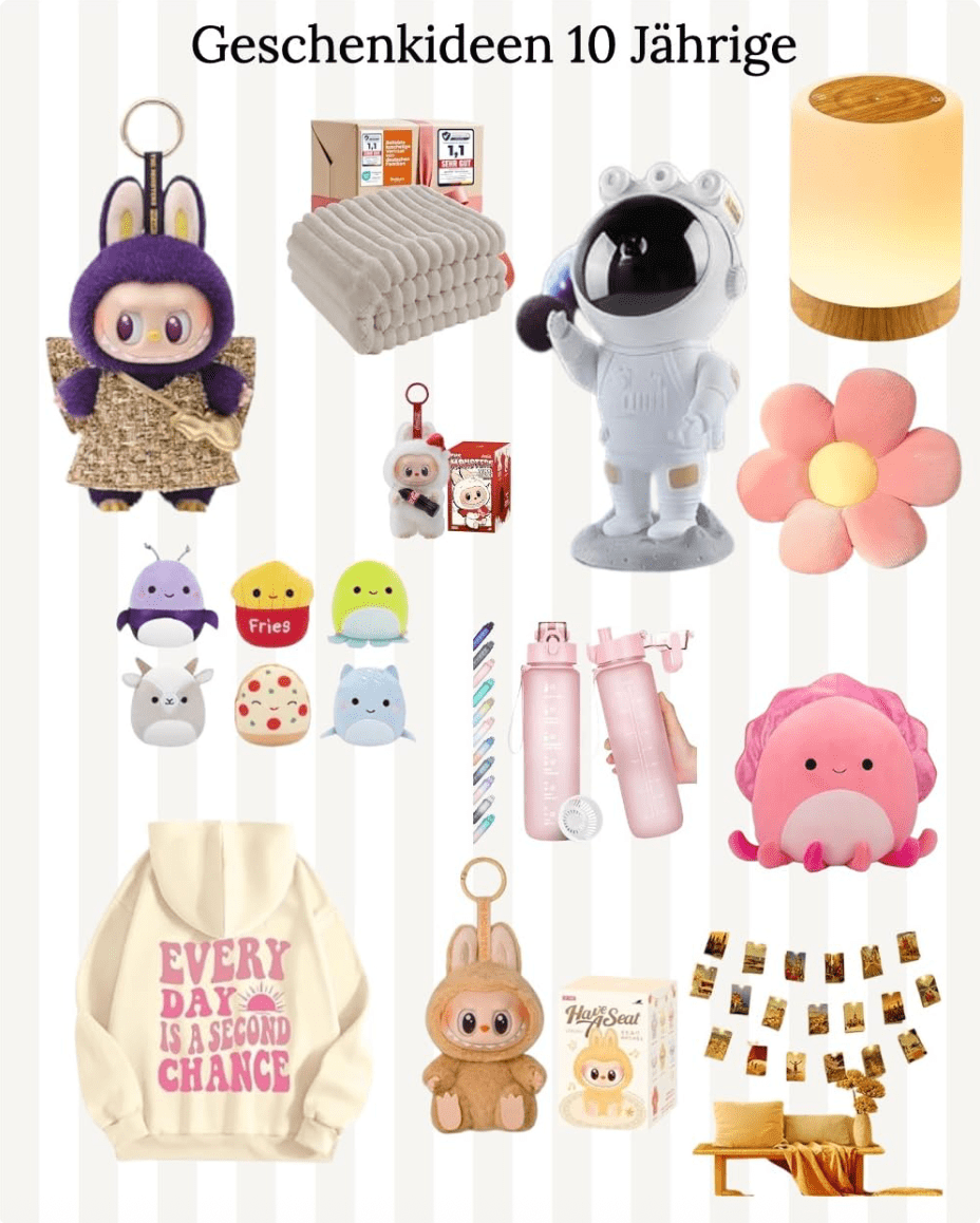 Collage mit modernen Geschenkideen für 10-jährige Mädchen, darunter Labubu Figuren, Squishmallows Mini-Kuscheltiere, cosy Hoodie, LED-Lampe, rosa Trinkflasche, Plüschkissen in Blumenform, Astronauten-Figur, weiche Decke und Zimmerdeko – perfekte Ideen für Geburtstag und Weihnachten.