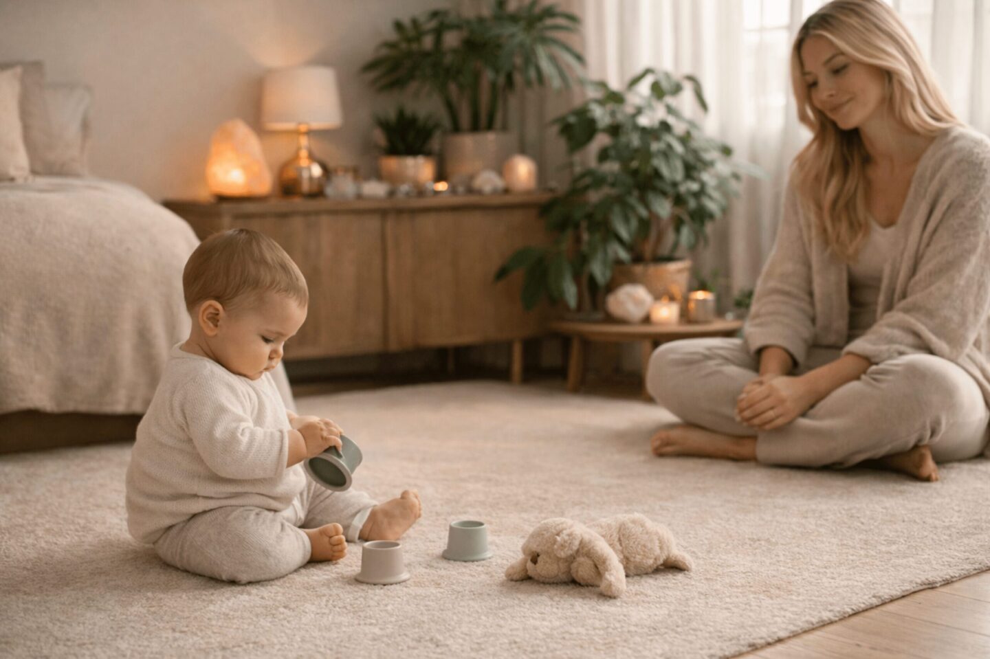 Baby spielt ruhig mit wenigen neutralen Spielsachen auf weichem Boden, Mutter sitzt entspannt daneben, reduziertes Scandi-Wohnzimmer mit Pflanzen, goldenen Akzenten, Edelsteinen und Salzkristalllampe, Fokus auf Sicherheit und Reizreduktion.