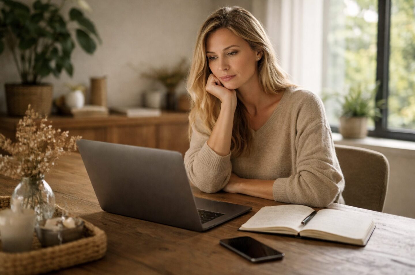 Blonde Frau sitzt nachdenklich an einem Holztisch mit Laptop und Notizbuch, ruhige warme Umgebung mit Pflanzen, Sinnbild für Zweifel, Sichtbarkeit und innere Prozesse im Network Marketing.