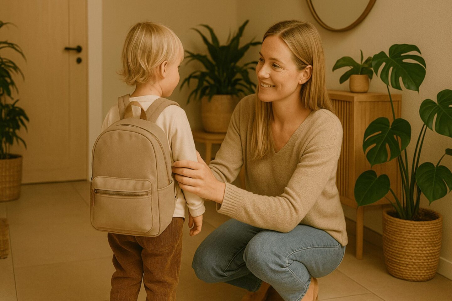 Kind trägt einen nachhaltigen Kindergartenrucksack im warmen Scandi-Flur.