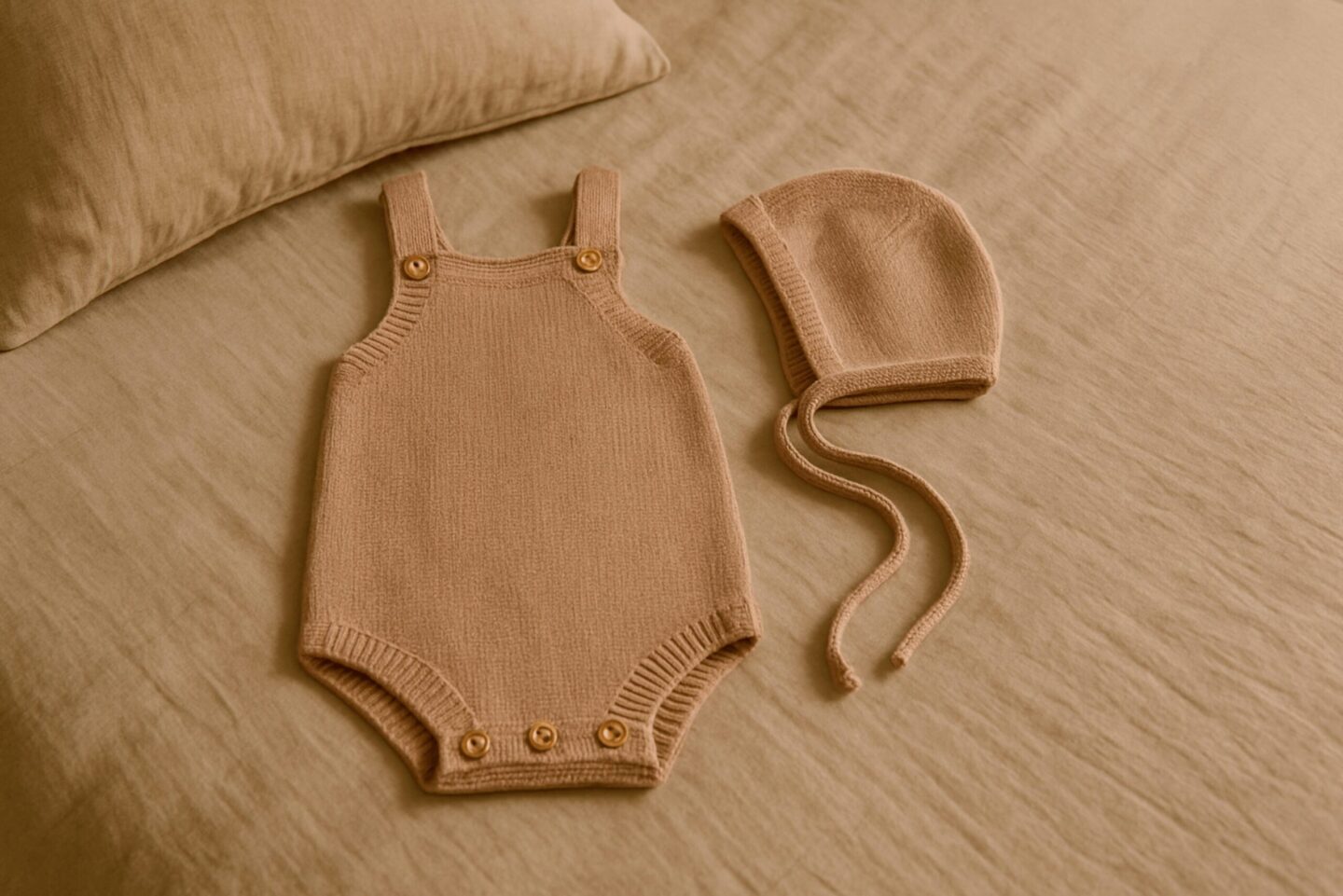 Wollstrick-Strampler und Mütze in ruhigem Scandi-Styling auf einem Bett drapiert.