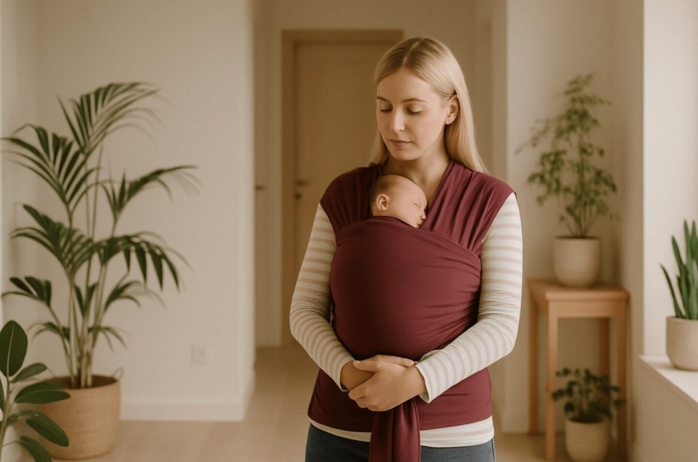 Blonde Mutter hält ihr schlafendes Baby in einer burgunderfarbenen Babytrage und küsst es liebevoll auf die Stirn. Warmes Tageslicht, ruhige scandi-inspirierte Wohnatmosphäre im Hintergrund.