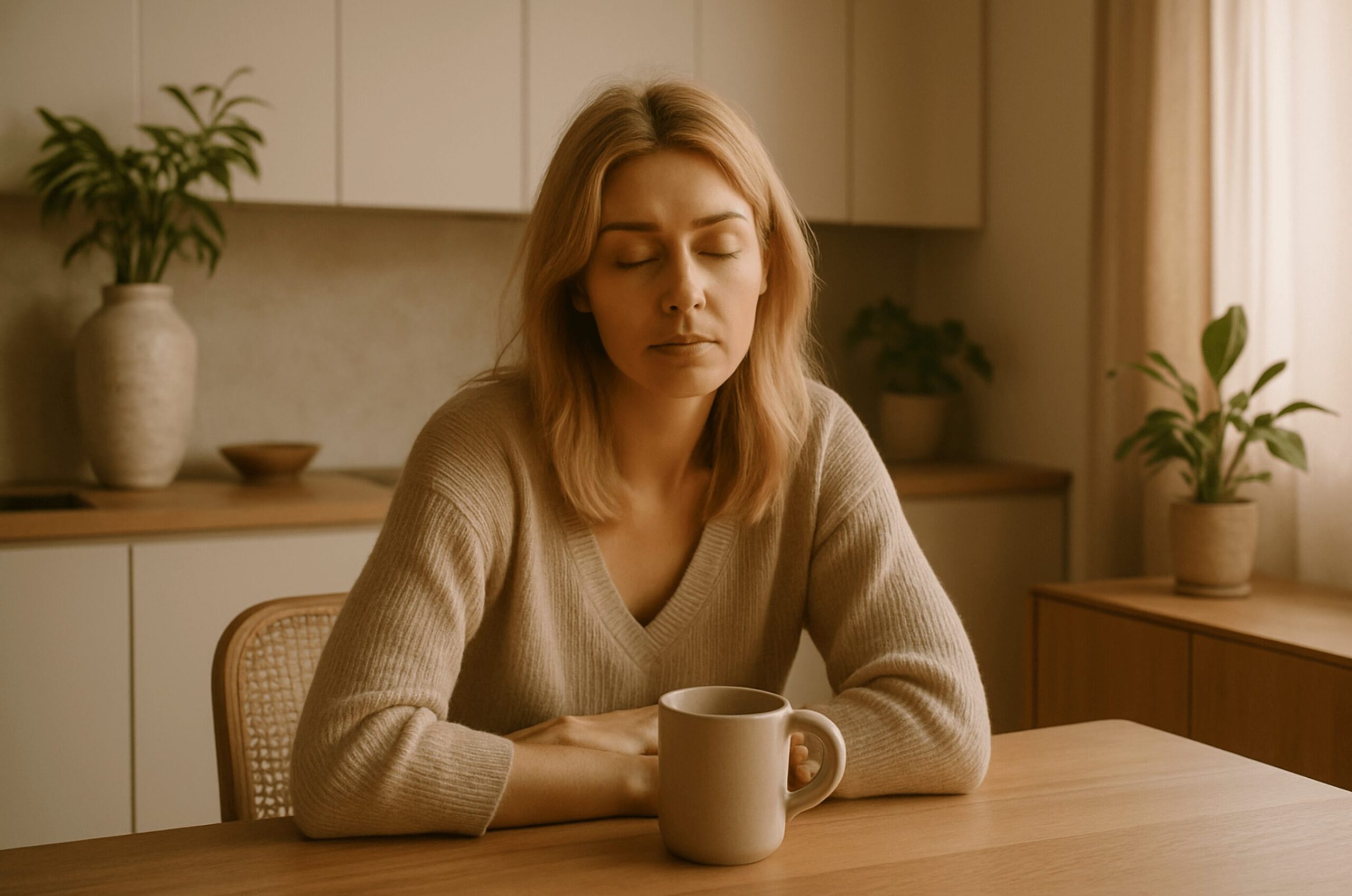 Müde Mutter am frühen Morgen in einer warmen beige-greigen Küche, sitzt mit einer Tasse am Tisch, weiches Tageslicht, ruhige scandi Atmosphäre.“