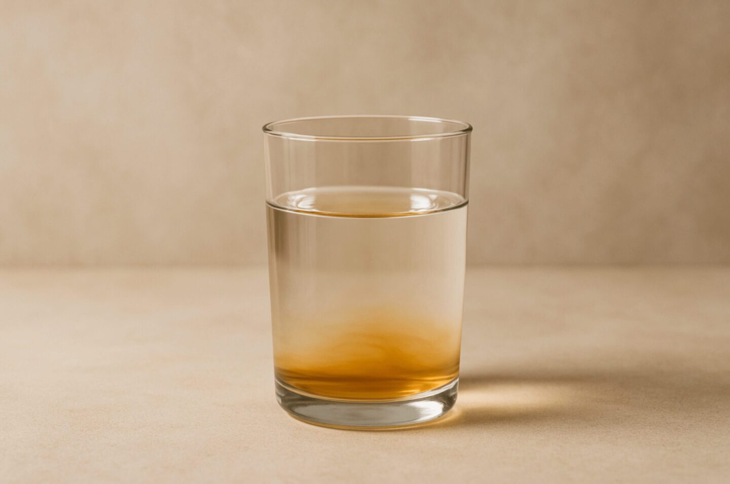 Klares Glas mit Wasser und Apfelessig auf warmem beige Hintergrund, minimalistischer scandi Stil, hochwertiges Wellness-Editorial.