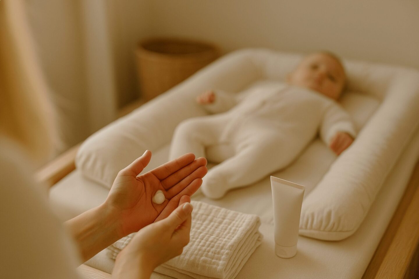 Hände einer Mutter wärmen sanft Creme über einem Musselintuch, im Hintergrund liegt ein angezogenes Baby ruhig auf einer gepolsterten Wickelauflage in einem beigen Scandi-Kinderzimmer.