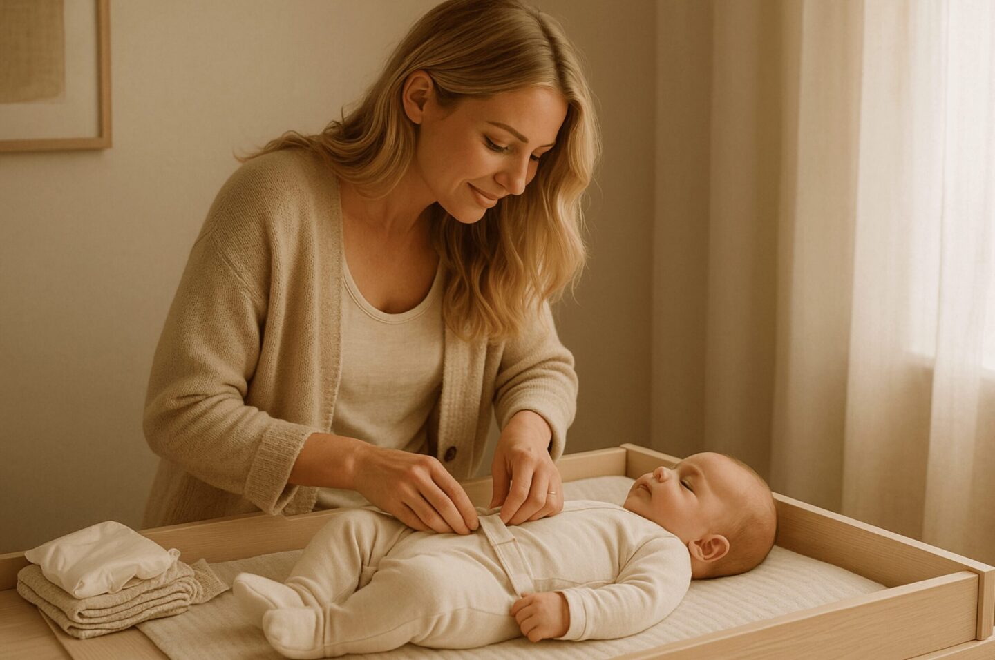 Blonde Mutter wickelt ihr Baby im warmen Scandi-Kinderzimmer, das Baby trägt einen geschlossenen Strampler und liegt sicher auf einer gepolsterten Wickelauflage.