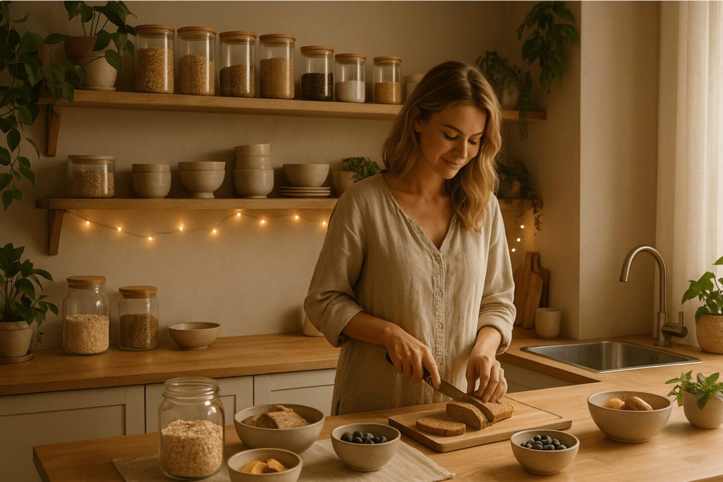 Blonde Mutter bereitet ruhig Frühstück in einer warmen beige-greigen Küche zu, Glasbehälter auf Holzregalen, sanftes Morgenlicht, Pflanzen und Lichterkette sorgen für eine entspannte, naturverbundene Atmosphäre.