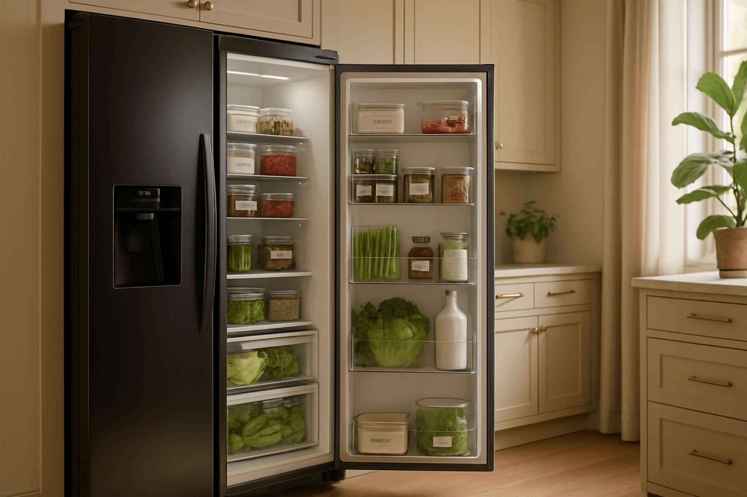 Offener Kühlschrank mit klaren Organiser Boxen und strukturierter Ordnung.