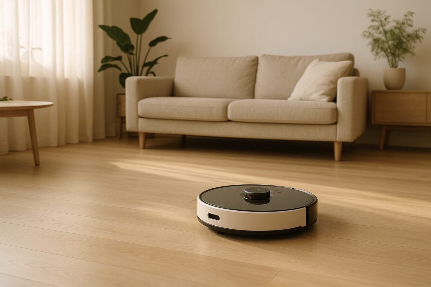 Saugroboter reinigt leisen Holzboden in einem warmen Scandi-Wohnzimmer.