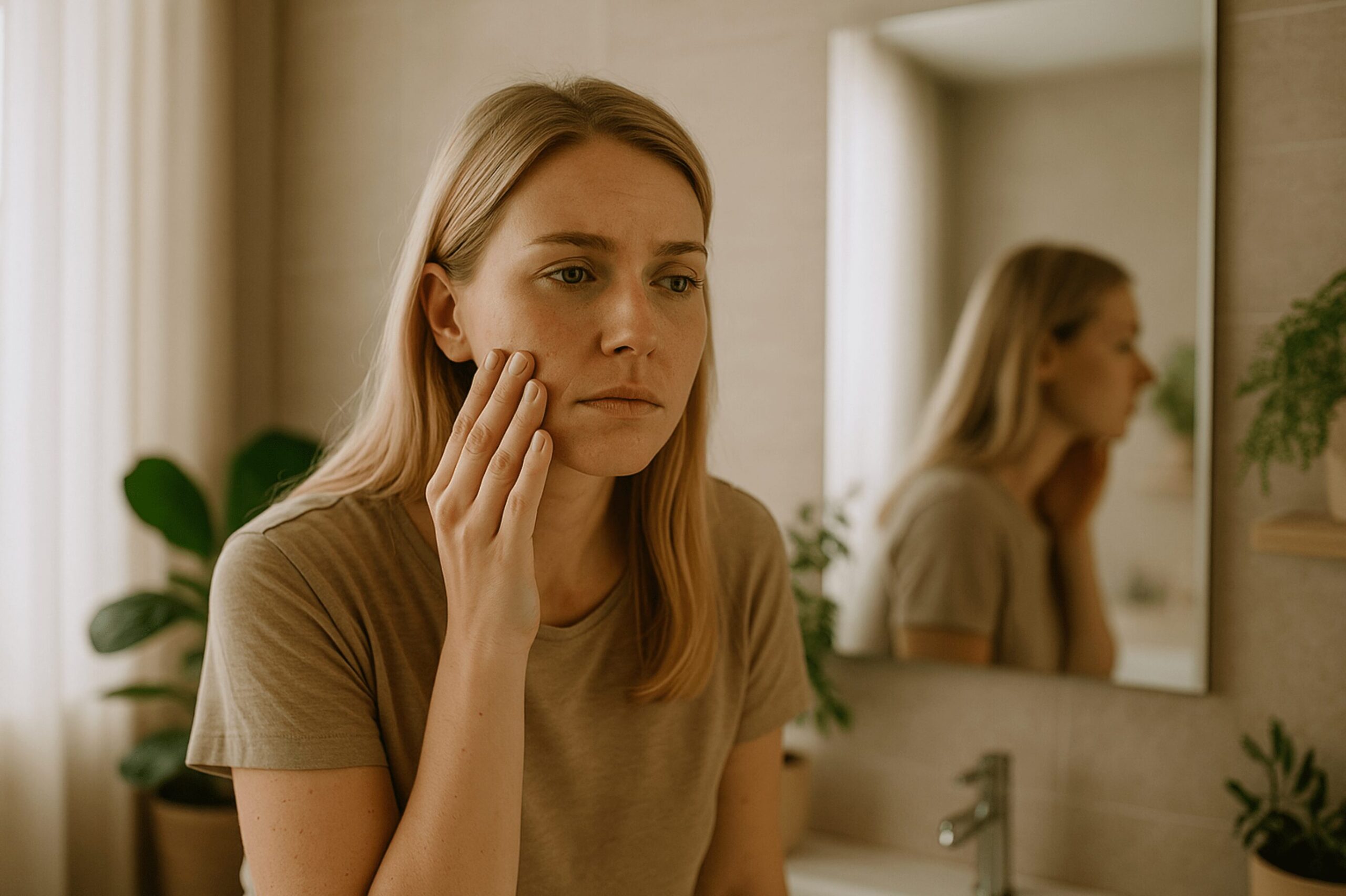 Blonde Frau berührt im Badezimmer ihre empfindliche Haut und schaut nachdenklich in den Spiegel.