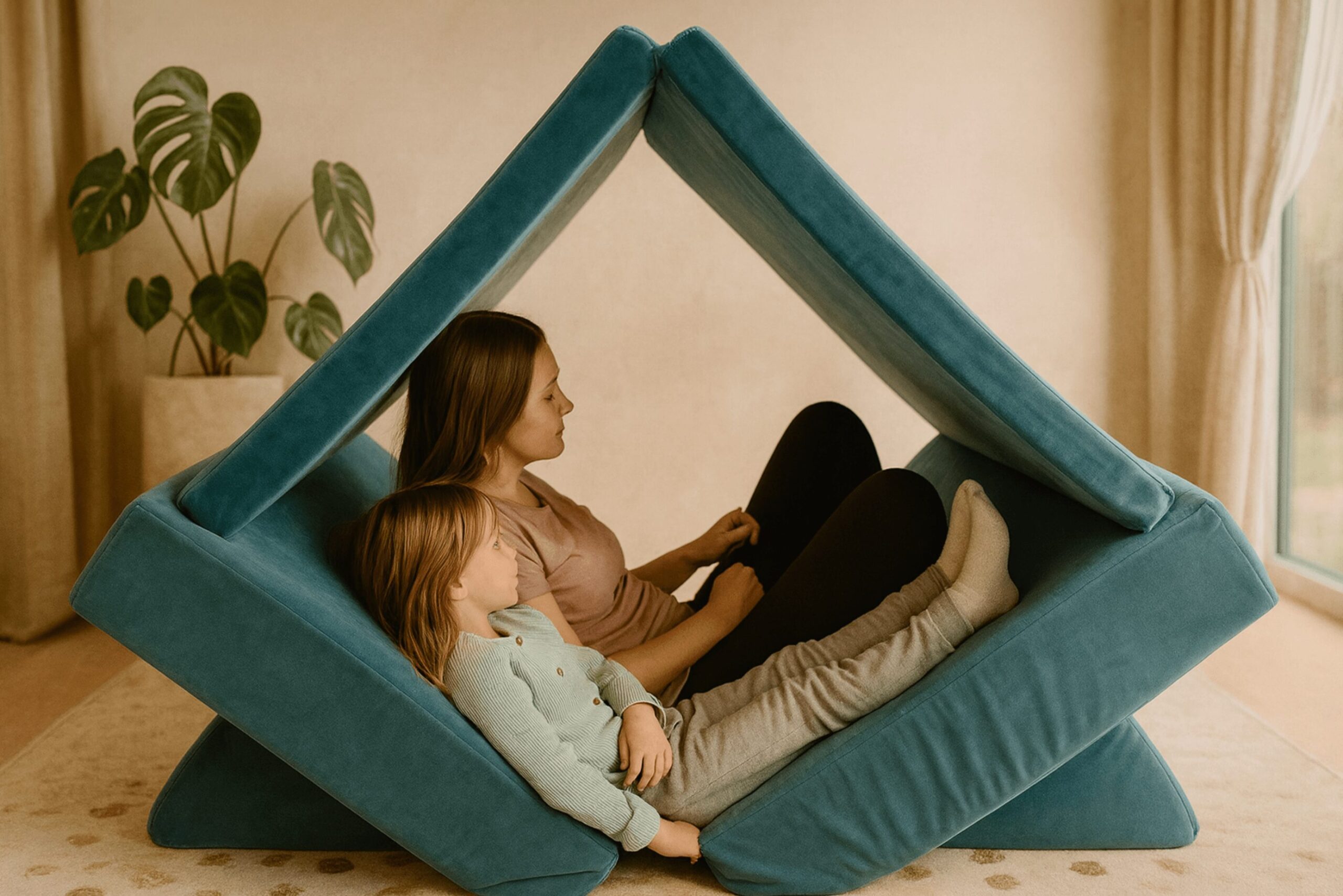 Zwei Kinder liegen entspannt in einer Höhlenkonstruktion aus dem tealfarbenen Funzy Spielsofa, umgeben von einem warmen beige greigen Wohnzimmer mit natürlichem Tageslicht.