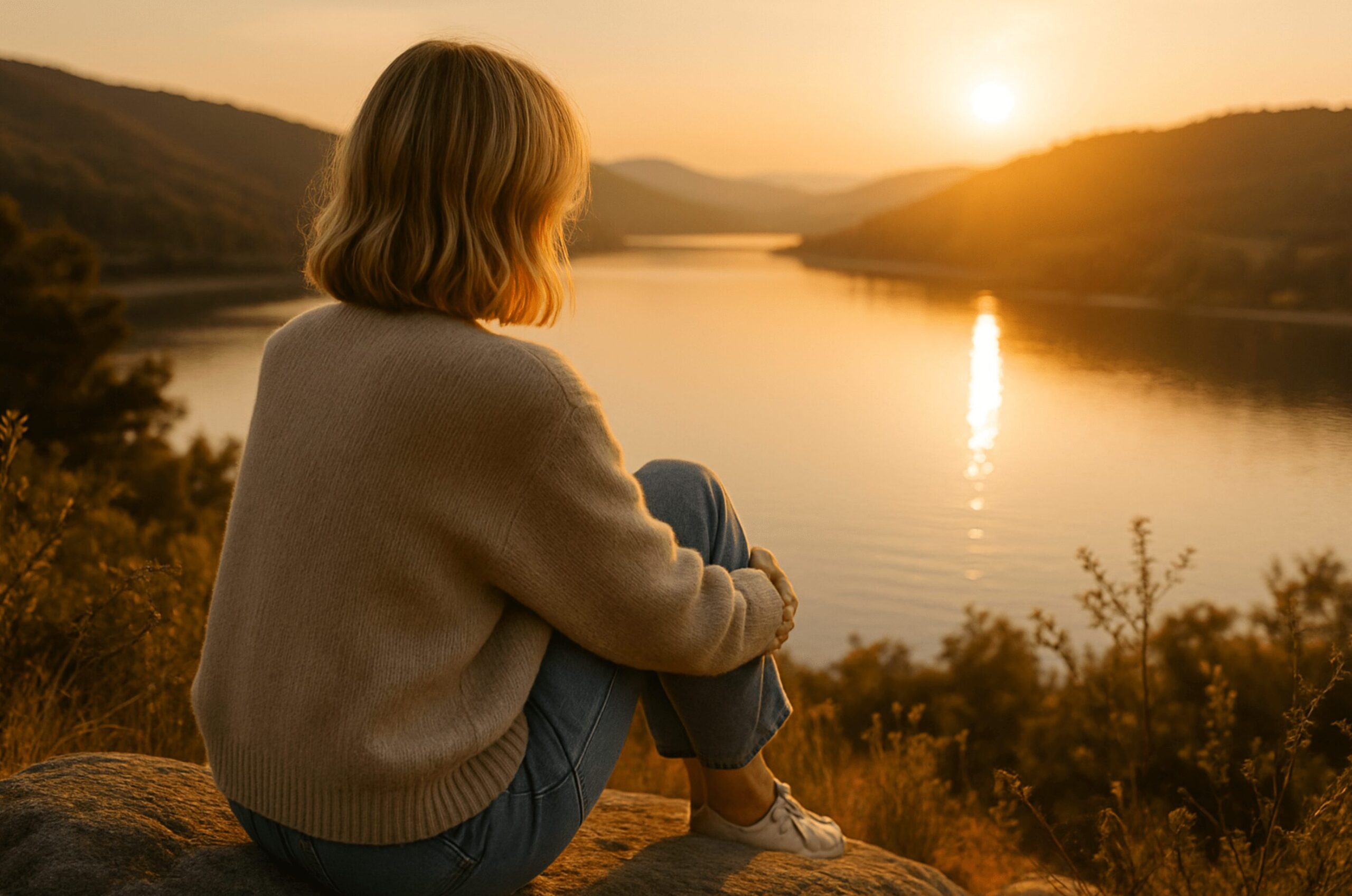 Blonde Frau sitzt auf einem Felsen und blickt auf den ruhigen See im Sonnenuntergang, warme Naturtöne, reflektierter Moment der Selbstfindung nach der Trennung als Mama.