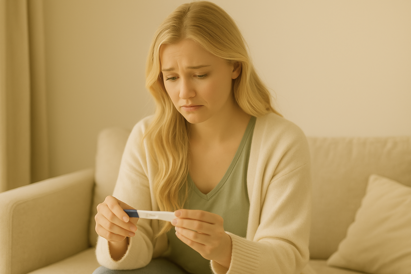 Eine junge hellblonde Frau sitzt in einem warmen, beige gehaltenen Raum und hält einen Schwangerschaftstest in den Händen. Ihr Gesichtsausdruck wirkt enttäuscht und traurig, während sie den Test nachdenklich betrachtet.