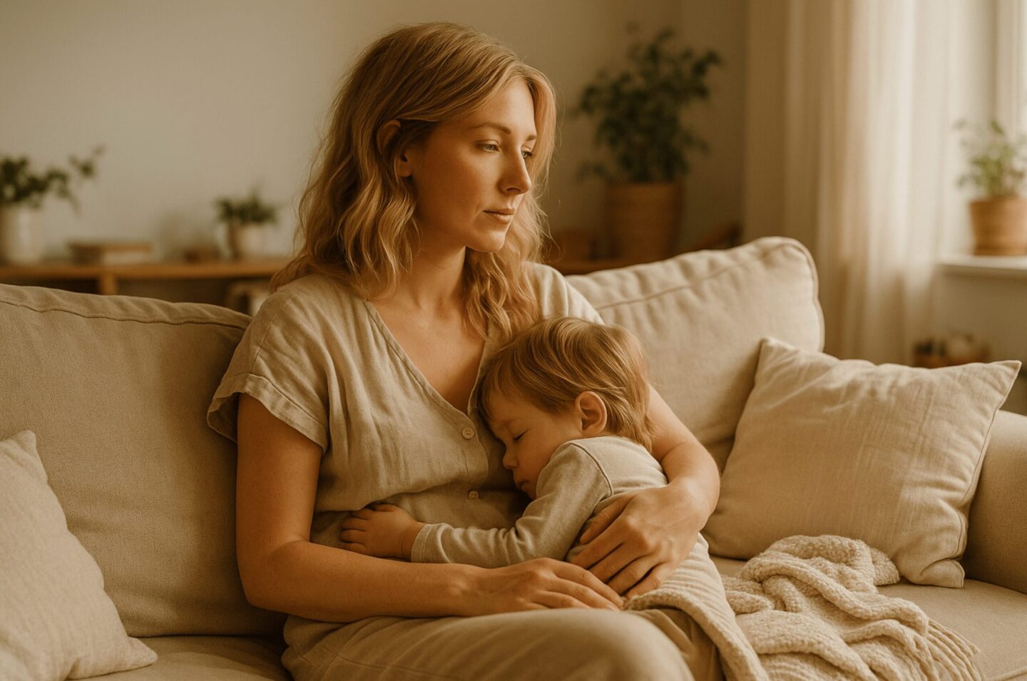 Eine junge Mutter mit weichen Gesichtszügen sitzt in einem hellen, natürlichen Wohnzimmer und tröstet ihr schlafendes, krankes Kind an ihrer Brust. Sanfte Sonnenstrahlen und cozy Texturen vermitteln Wärme, Nähe und Erdung.