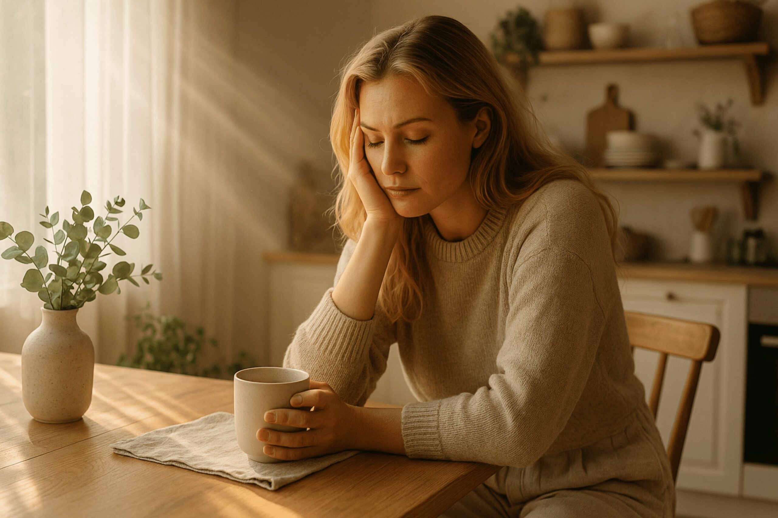 Müde junge Mutter sitzt am Küchentisch im warmen Morgenlicht, stützt den Kopf auf die Hand und wirkt nachdenklich über ihre Zukunft und finanzielle Freiheit für Frauen.