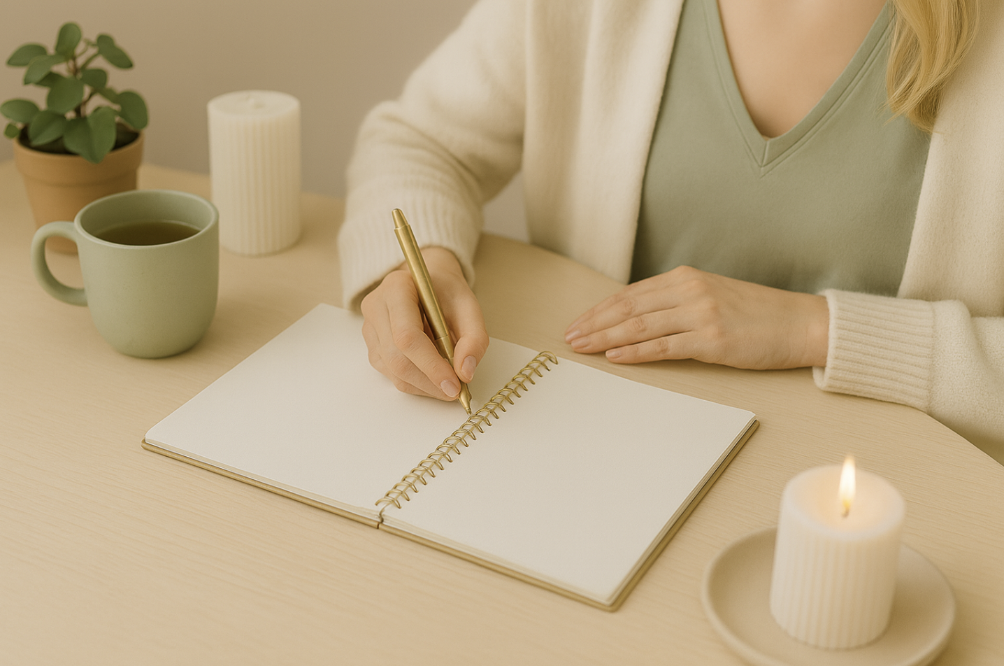 Blonde Frau sitzt an einem hellen Holztisch und schreibt in ein leeres Spiralnotizbuch, daneben Tee, Kerze und Pflanze – ruhiges, minimalistisches Setting in Beige und Salbei.