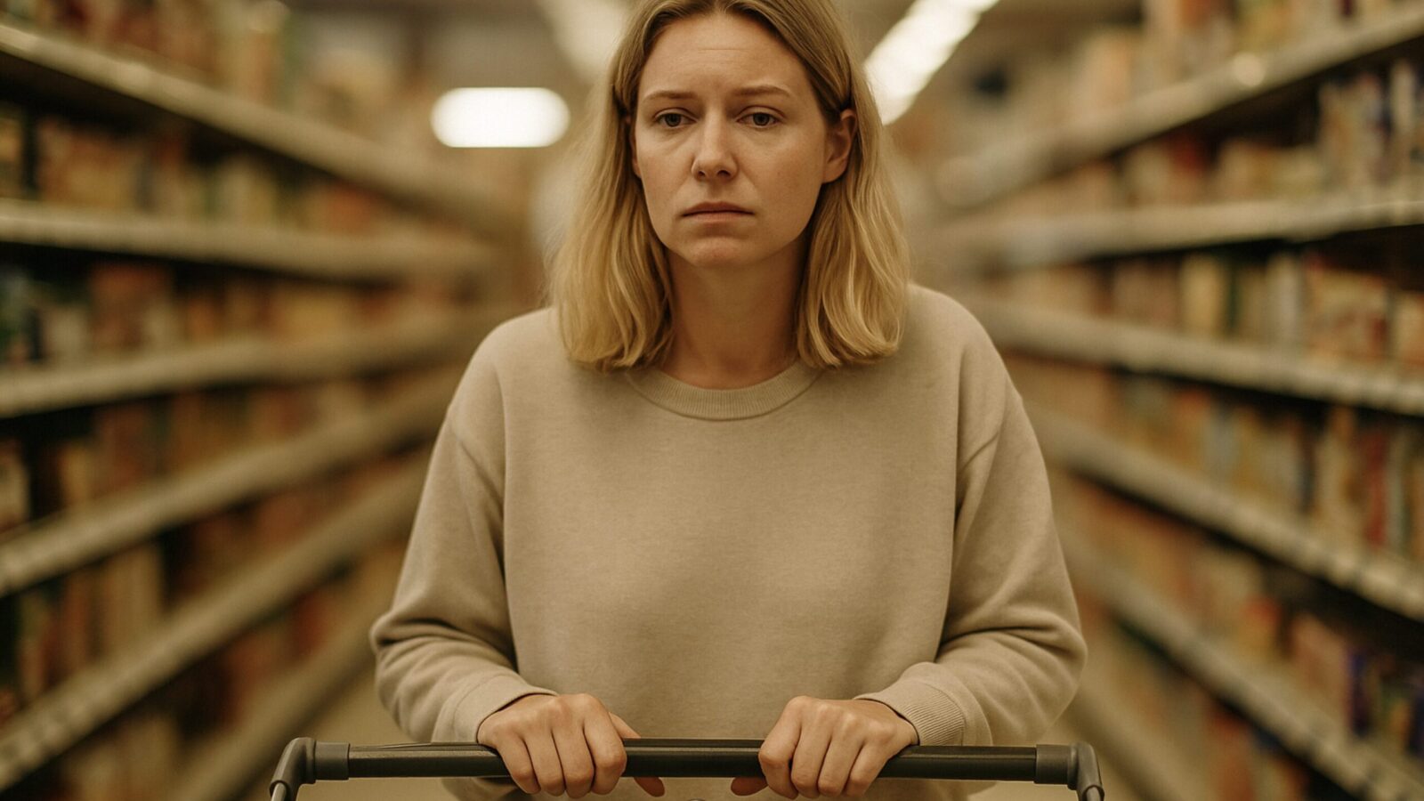 Blonde Mutter mit erschöpftem Gesichtsausdruck steht mit Einkaufswagen im Supermarkt, unscharfe Regale und grelle Lichter im Hintergrund, emotionale Darstellung von Reizüberflutung und Überforderung.
