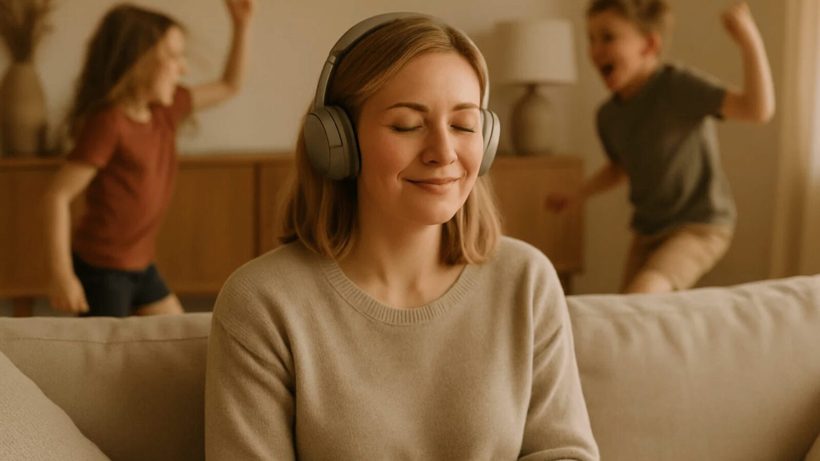 Blonde Mama sitzt auf dem beige Sofa mit Noise Cancelling Kopfhörern, Kinder spielen laut im Hintergrund, erleichterter Gesichtsausdruck, Alltagsszene einer hochsensiblen Mutter mit Reizschutz