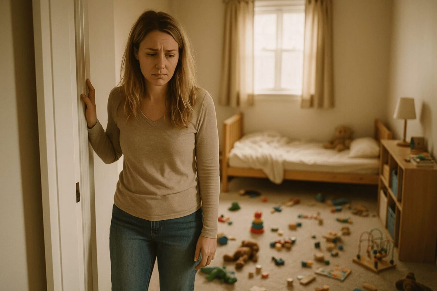 Blonde Mama steht überwältigt im Türrahmen eines unordentlichen Kinderzimmers, Spielzeug auf dem Teppich verteilt, warmes Tageslicht, emotionale Szene einer hochsensiblen Mutter im Reizüberfluss