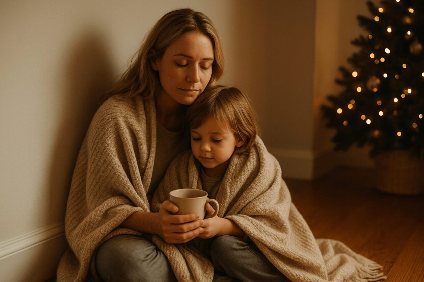 Blonde Mutter und ihr Kind sitzen eng umschlungen auf dem Boden, beide in eine beige Decke gehüllt, warme natürliche Nachmittagsstimmung, Mama hält eine Tasse Tee, im Hintergrund verschwommene Lichter des Weihnachtsbaums, ruhige emotionale Verbundenheit, sensorisch freundliche Atmosphäre.