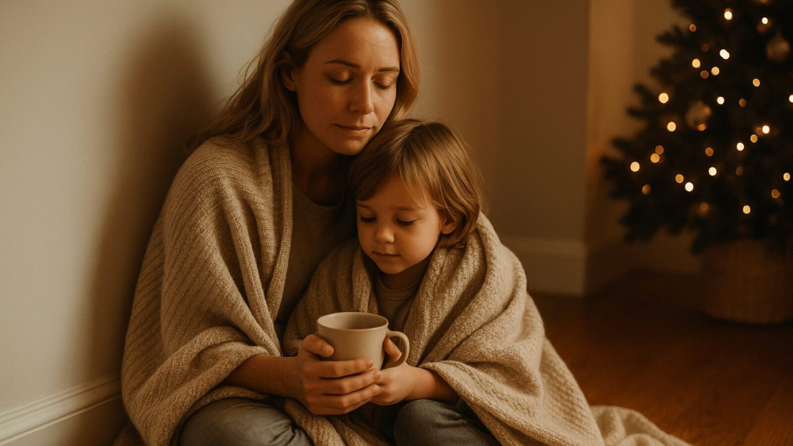 Blonde Mutter und ihr Kind sitzen eng umschlungen auf dem Boden, beide in eine beige Decke gehüllt, warme natürliche Nachmittagsstimmung, Mama hält eine Tasse Tee, im Hintergrund verschwommene Lichter des Weihnachtsbaums, ruhige emotionale Verbundenheit, sensorisch freundliche Atmosphäre.