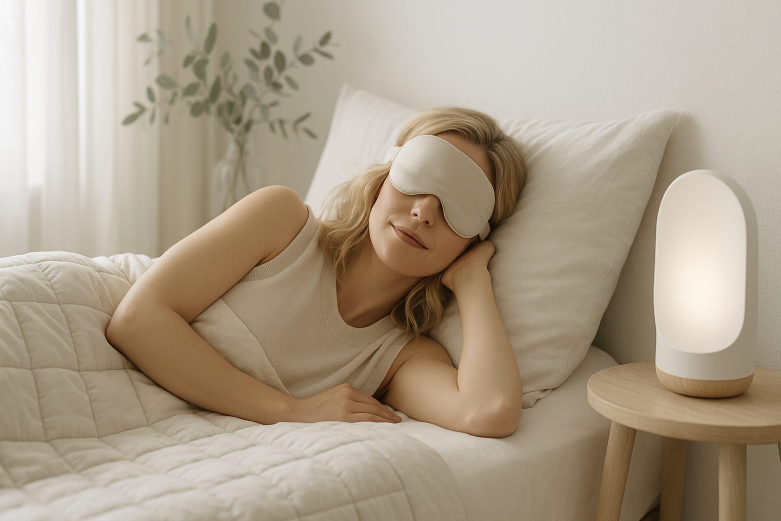 Blonde Frau in ihren 30ern liegt seitlich in einem hellen, minimalistischen Schlafzimmer und macht einen Mittagsschlaf. Sie trägt eine beige Seidenschlafmaske und ruht entspannt unter einer gestepp­ten Gewichtsdecke. Neben ihr steht auf einem hellen Holznachttisch ein Wake-up-Light, das ausgeschaltet ist. Weiche Tageslichtstrahlen fallen durch helle Vorhänge, Eukalyptus im Hintergrund, ruhige skandinavische Atmosphäre.