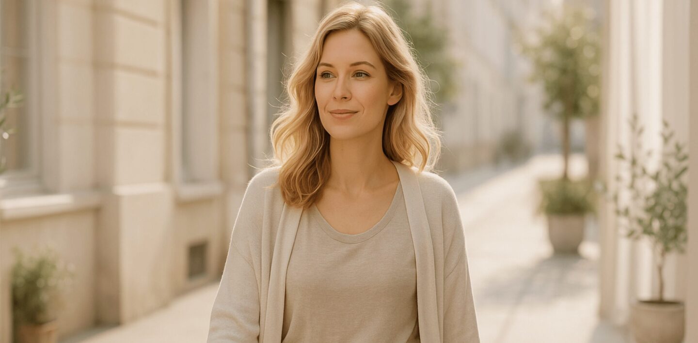 Blonde Frau in ihren 30ern geht selbstbewusst eine helle, ruhige Stadtstraße entlang. Sie trägt beige, elegante Kleidung im Slow-Living-Stil und wirkt ruhig, mutig, entschlossen. Weiches Morgenlicht, Olivenbäume in Töpfen, warmer minimalistischer Scandi-Look.