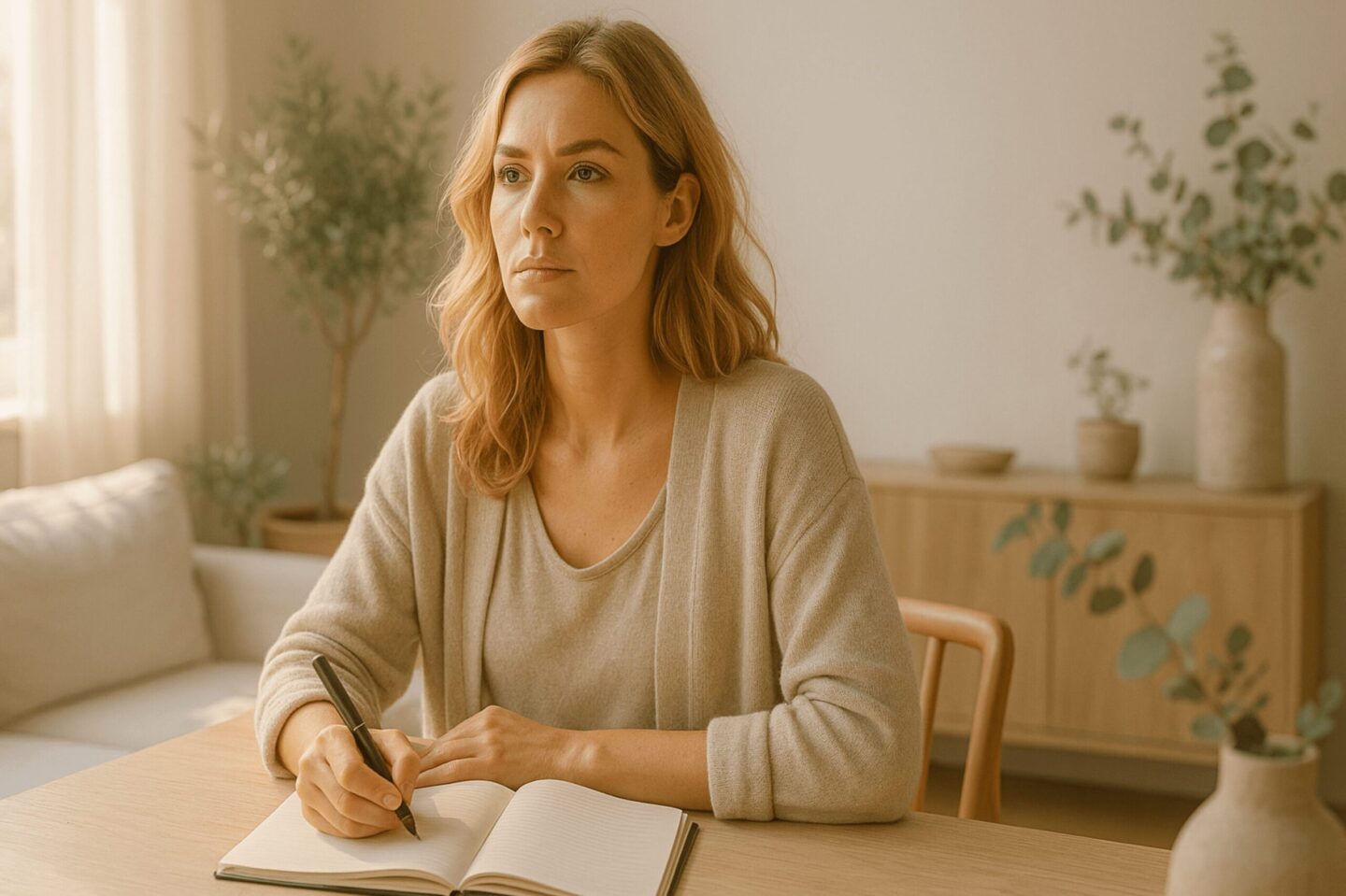 Blonde Frau sitzt an einem Holztisch in einem hellen, minimalistischen Wohnzimmer und schreibt konzentriert in ihr Journal. Sie wirkt entschlossen und reflektiert, beige Kleidung, warmes Licht, Pflanzen und natürliche Materialien im Hintergrund, ruhige skandinavische Atmosphäre.