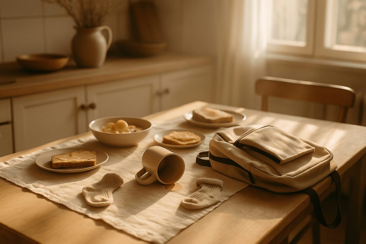 Detailaufnahme einer beigen Küche im warmen Morgenlicht, halbfertiges Frühstück, umgekippter Becher, offene Schultasche und kleine Kindersocken auf dem Tisch, ruhige Atmosphäre trotz subtiler Unordnung.