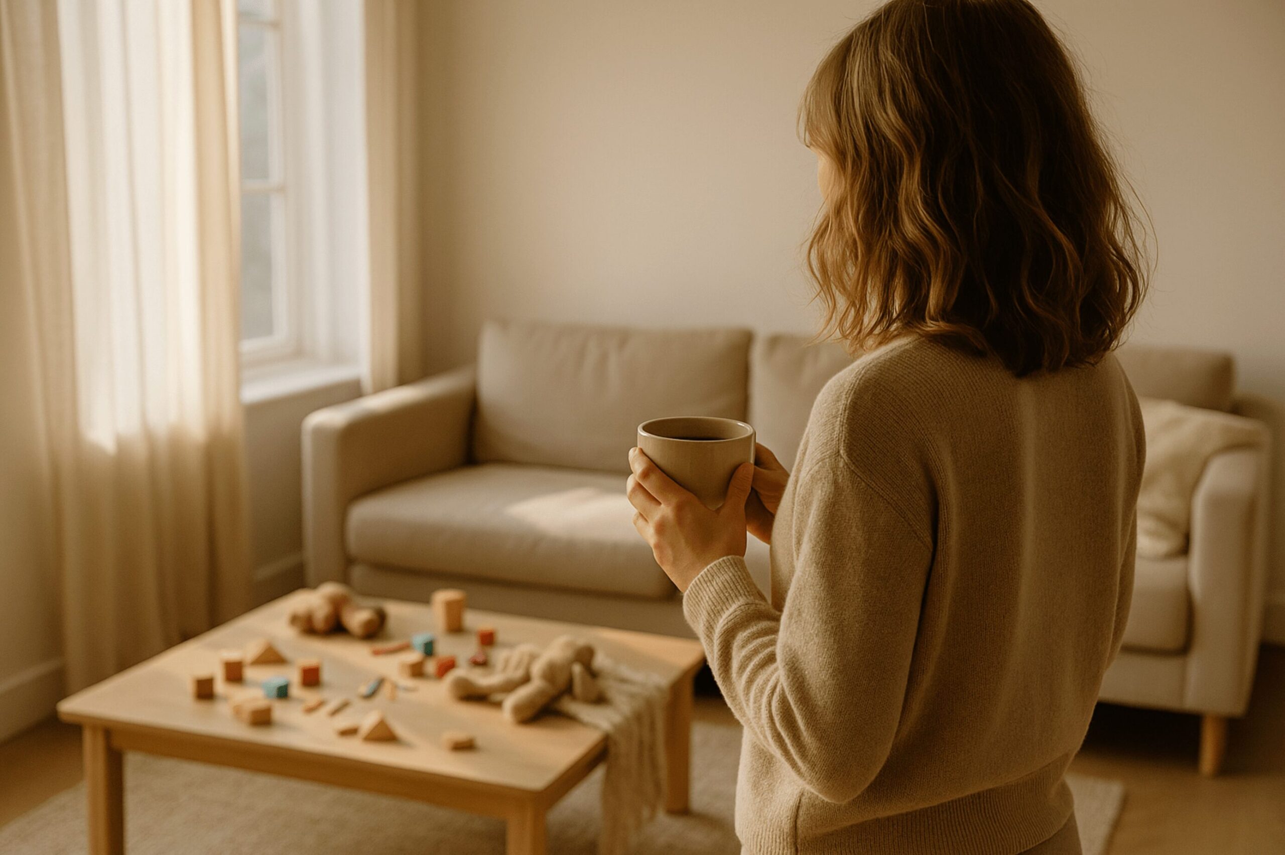 Frau Anfang 30 steht von hinten sichtbar in einem beige eingerichteten Wohnzimmer, hält eine Tasse Tee und blickt auf verstreutes Kinderspielzeug und eine unordentliche Sofaecke im warmen Morgenlicht.