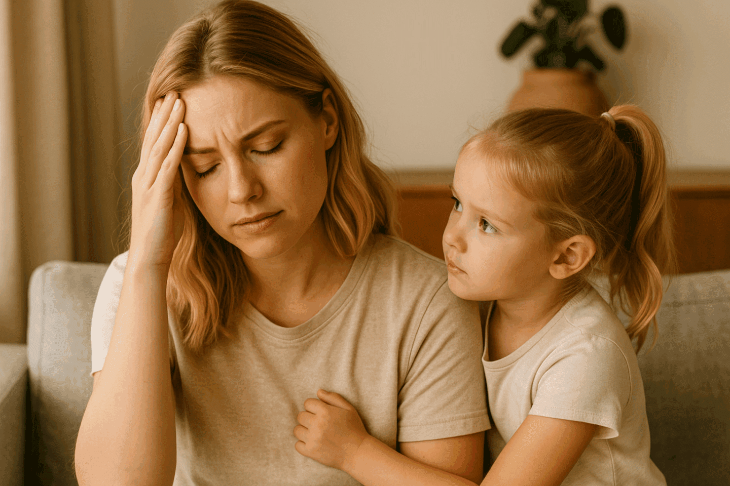 Eine junge Mutter sitzt erschöpft auf dem Sofa und hält sich nachdenklich die Hand an die Stirn, während ihre kleine Tochter sie besorgt anschaut und sanft an ihr festhält. Die Szene zeigt emotionale Belastung, mental load und den Druck ständiger Verantwortung – ein authentischer Moment aus dem Mama-Alltag, der den Kern des Blogbeitrags über Produktivität und Nervensystem-Regulation widerspiegelt