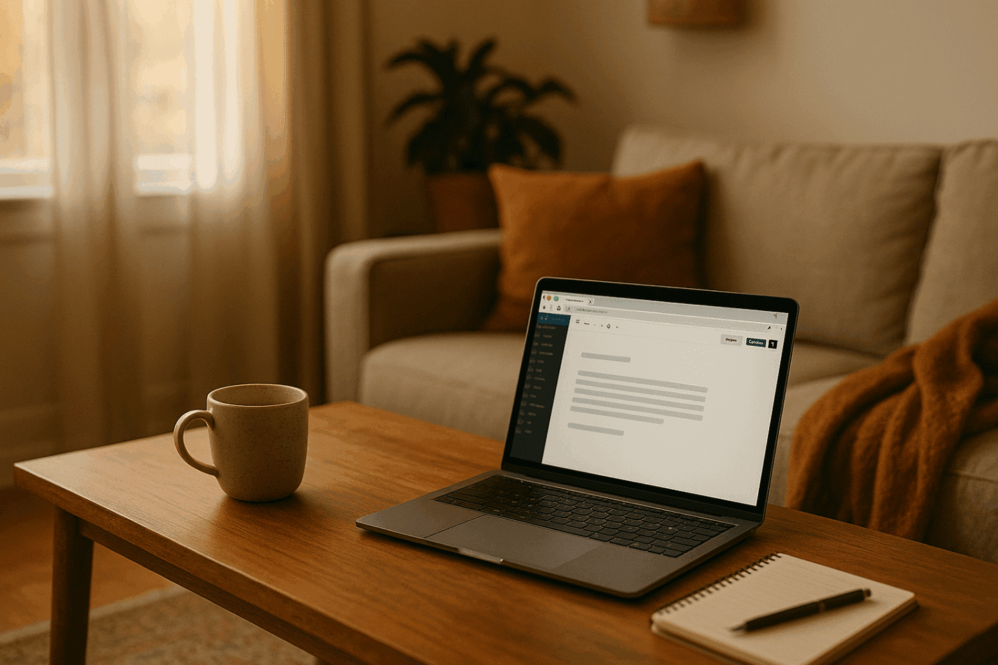 Ruhige Morgenszene mit einer Tasse Tee auf einem weichen Sofa im natürlichen Tageslicht – ein Moment der Entspannung für Mamas, die innerlich ständig on sind.