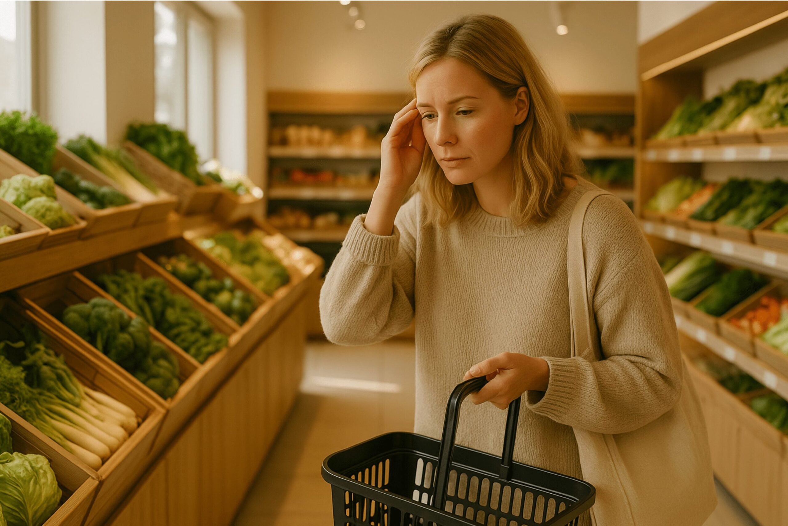 Mama steht im warmen, modernen Supermarkt vor der Gemüsetheke und wirkt überfordert. Weiches Morgenlicht, beige Pullover, ruhige Szene – ideal für Themen wie Nervensystem beruhigen, Stress im Mama-Alltag und gesunde Ernährung.