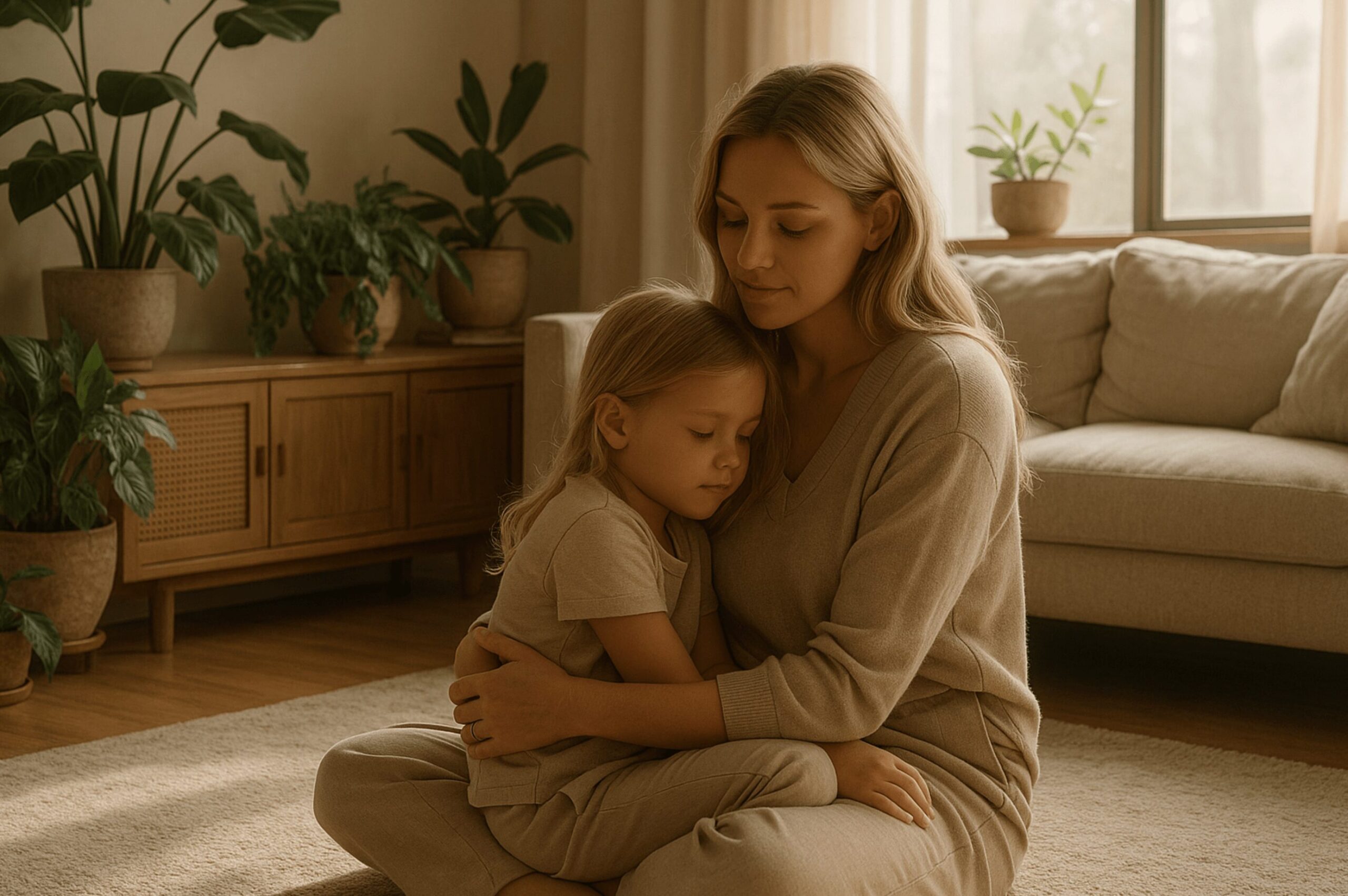Blonde Mutter sitzt am Boden und hält ihr Kind ruhig im Arm, warmes beige greige Wohnzimmer mit Pflanzen.