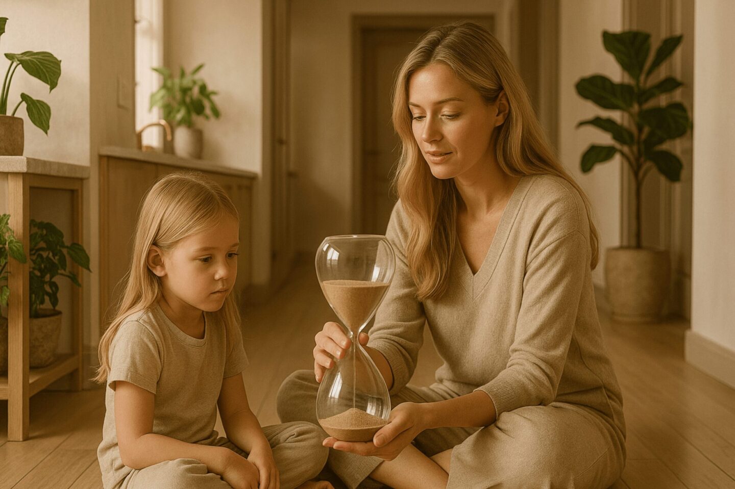 Blonde Mutter zeigt ihrem Kind eine Sanduhr, warme beige greige Szene im modernen Flur.